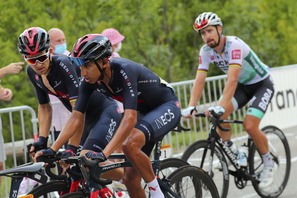 Colombia's Egan Bernal and Slovakia's Peter Sagan ride at the end of the 16th stage of the Tour de France cycling race over 164 kilometers from La Tour-du-Pin to Villard-de-Lans Tuesday, Sept. 15, 2020. (AP Photo/Thibault Camus)
