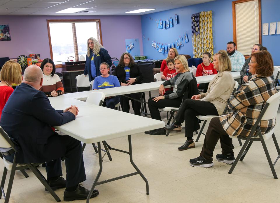 Indiana Lt. Gov. Suzanne Crouch and Tippecanoe County Commissioner Tracy Brown listen to Shine On University's staff and family members during a visit to Lafayette, on Saturday, Jan. 28, 2023.