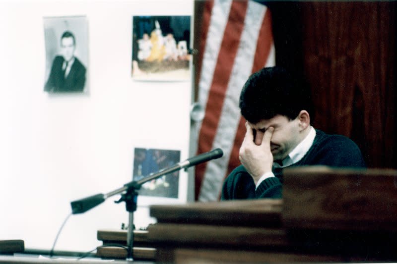 Lyle Menendez breaks down into tears while on the witness stand at Van Nuys Superior Court on September 13, 1993. On August 21, 1989, 18-year-old Eric Menendez and 21-year-old Lyle Menendez -- the Menendez brothers -- killed their parents with a gun. File Photo by Jim Ruymen/UPI