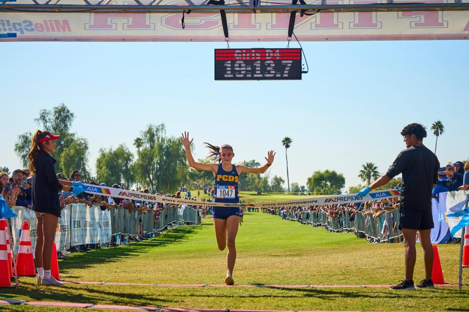 Phoenix Country Day Eagle Kimi Cahoon crosses the line to win the Girls D4 5k with an official time of 19:13.9 during the AIA Cross Country State Championships on Nov 4, 2023, at Cave Creek Golf Course in Phoenix. Alex Gould/Special for The Republic