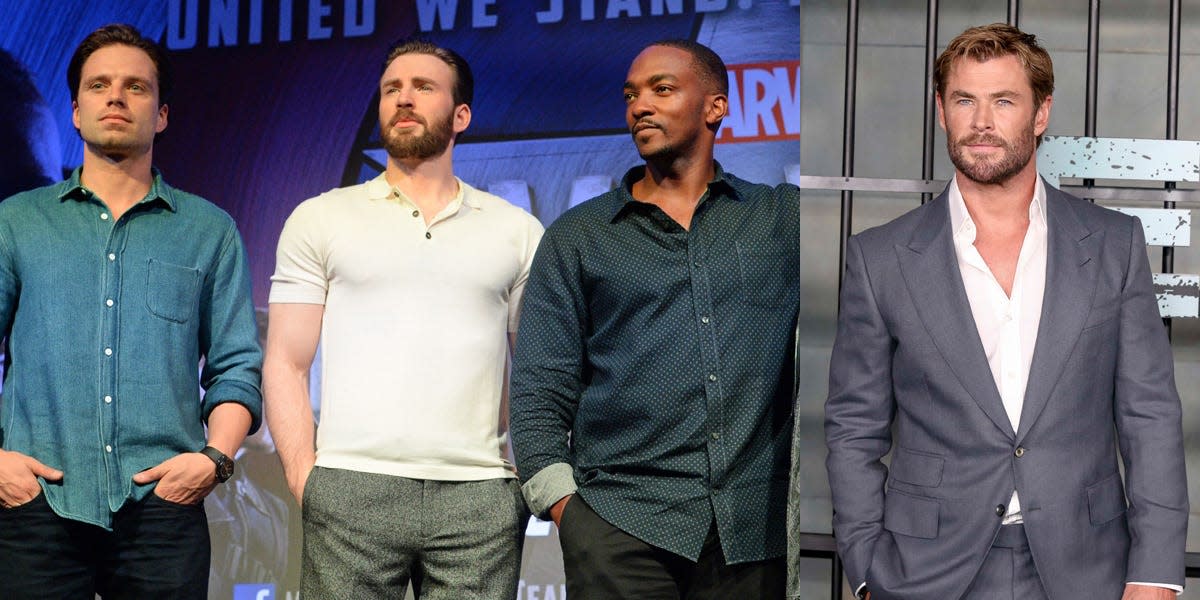 On the left: Sebastian Stan, Chris Evans, and Anthony Mackie in 2016. On the right: Chris Hemsworth in 2023.