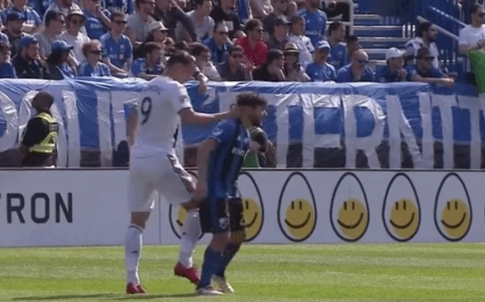 Los Angeles Galaxy striker Zlatan Ibrahimovic slaps the Montreal Impact’s Michael Petrasso. (Screenshot: TSN)