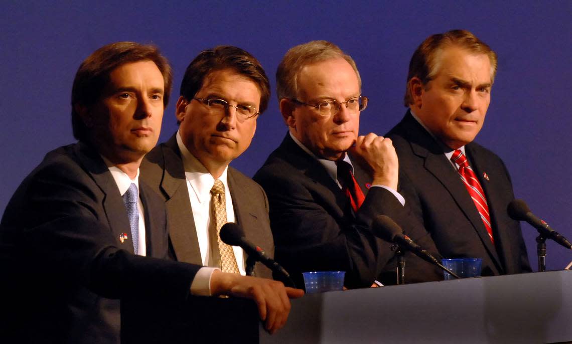 In this April 3, 2008 file photo, Republican gubernatorial candidates, from left, Bill Graham, Pat McCrory, Bob Orr, and Fred Smith meet for a debate at the WTVI television studios in Charlotte.