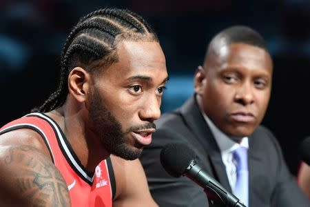 Toronto Raptors forward Kawhi Leonard answers questions as club president Masai Ujiri listens during media day at Scotiabank Arena. (Dan Hamilton-USA TODAY Sports)
