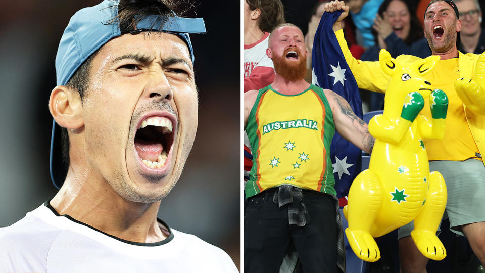 Jason Kubler roars to the crowd on the left, with Australian fans brandishing an inflatable kangaroos celebrating on the right.