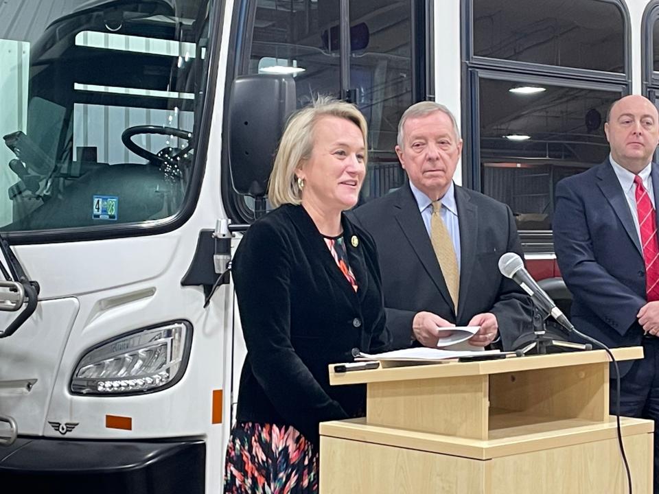 U.S. Rep. Nikki Budzinski (D-Ill.) of the 13th Congressional District, speaks on $5.9 million being provided to the Sangamon Mass Transit District for cleaner-burning buses Tuesday, Jan. 17, 2023.