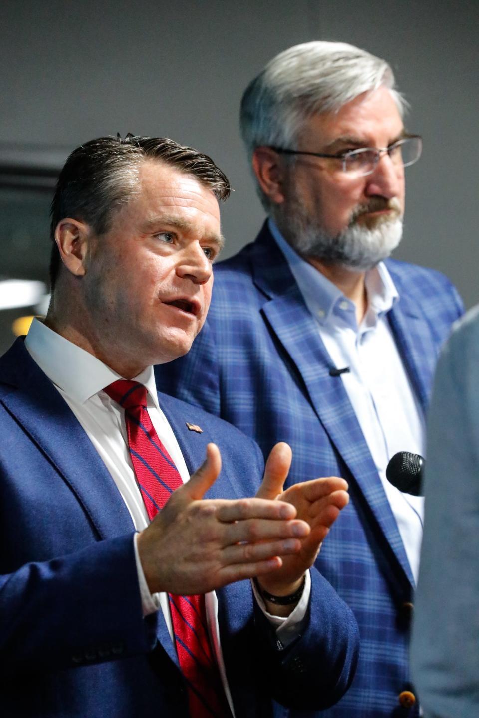 From left, U.S. Senator Todd Young (R-Ind.) and Indiana Governor Eric Holcomb hold a press conference on the Endless Frontier Act on Friday, June 18, 2021, at the Indiana IoT Lab in Fishers. 