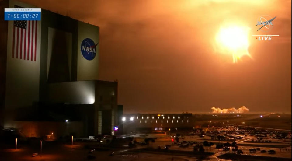 A SpaceX Falcon 9 rocket launches four astronauts to the International Space Station from NASA's Kennedy Space Station in Florida on the Crew-3 mission on Nov. 10, 2021.