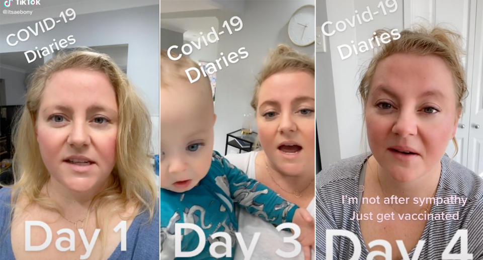 Screenshtos from some of Ebony Robertson's TikTok videos detailing how her family is coping with Covid.