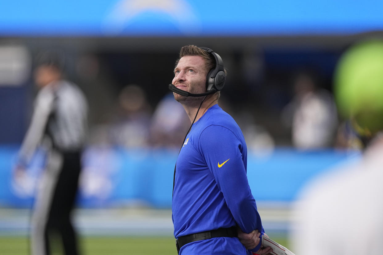 Los Angeles Rams head coach Sean McVay watches during the first half of an NFL football game against the Los Angeles Chargers Sunday, Jan. 1, 2023, in Inglewood, Calif. (AP Photo/Mark J. Terrill)