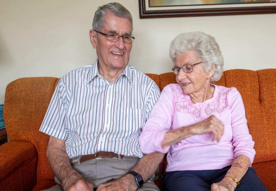 Earl Swope, left, gets a jab in the ribs by his wife of 75 years, Ethel, after making a comment during an interview at their home outside of Spring Grove on August 7, 2023.