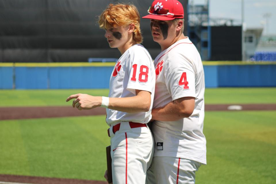 Beechwood players Jackson Roseburrough, 18, and Tanner Jackson, 4, after the game, as Beechwood fell 1-0 to Russell County in the state quarterfinals of the KHSAA state baseball tournament June 4, 2022, at Kentucky Proud Park, University of Kentucky, Lexington.