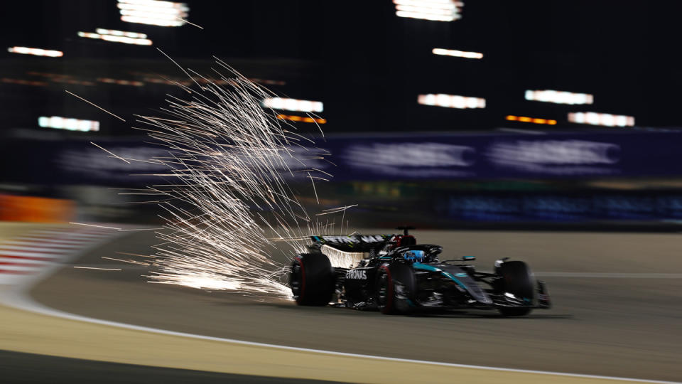 Mercedes-AMG's George Russell on his way to qualifying for the third position on the starting grid at the 2024 Bahrain Grand Prix.