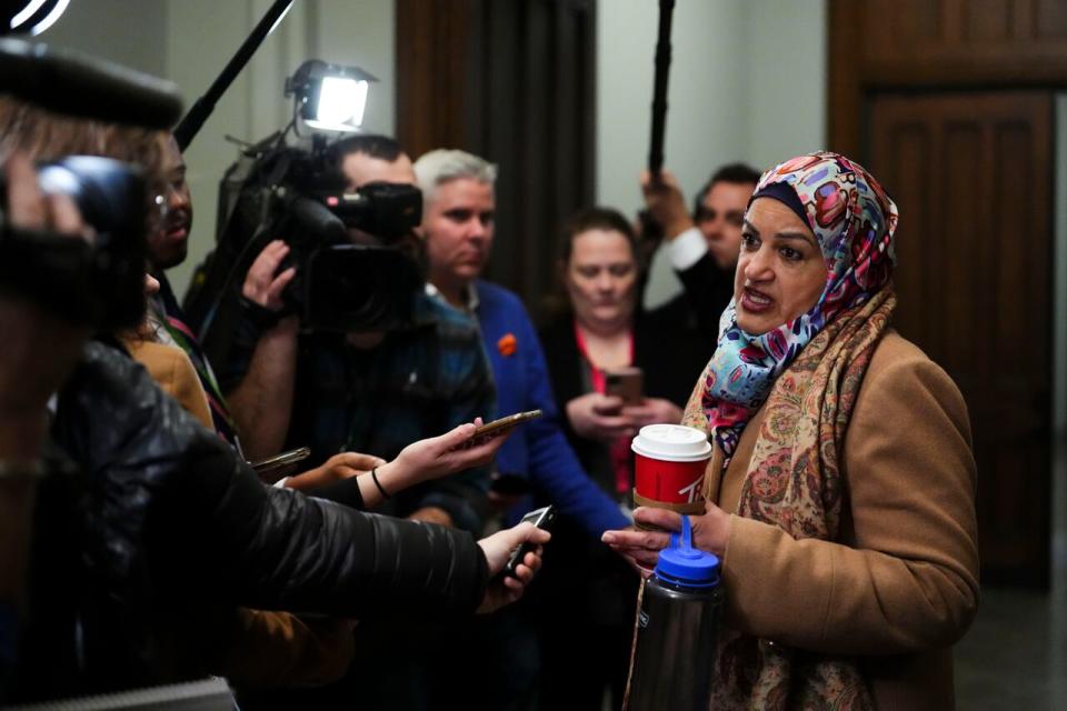 Liberal member of Parliament Salma Zahid arrives at a caucus meeting on Parliament Hill in Ottawa on Wednesday, Feb. 1, 2023. Zahid is among the MPs travelling to the West Bank and Jordan. 