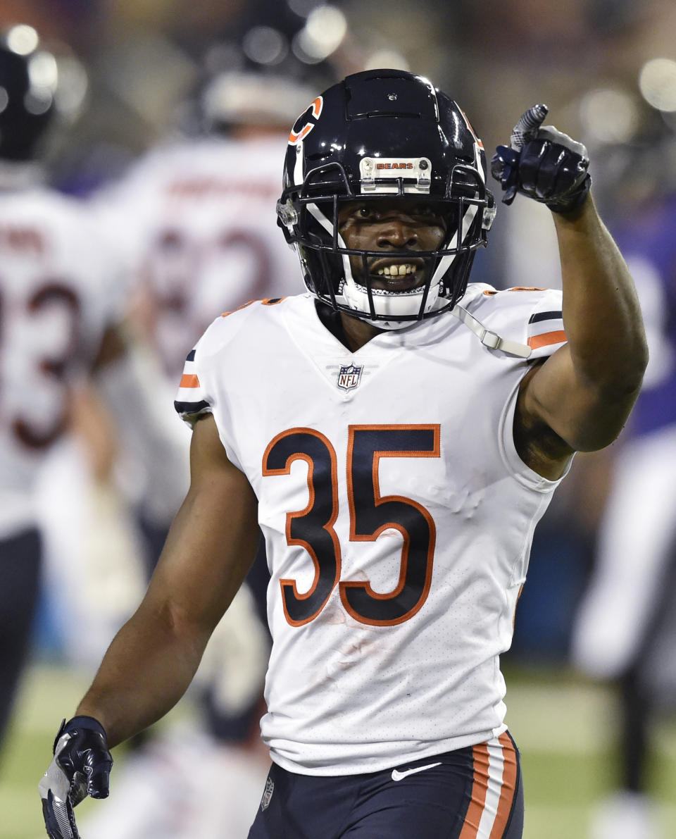 Chicago Bears cornerback Doran Grant celebrates an interception against the Baltimore Ravens during the second half of the Pro Football Hall of Fame NFL preseason game Thursday, Aug. 2, 2018, in Canton, Ohio. (AP Photo/David Richard)