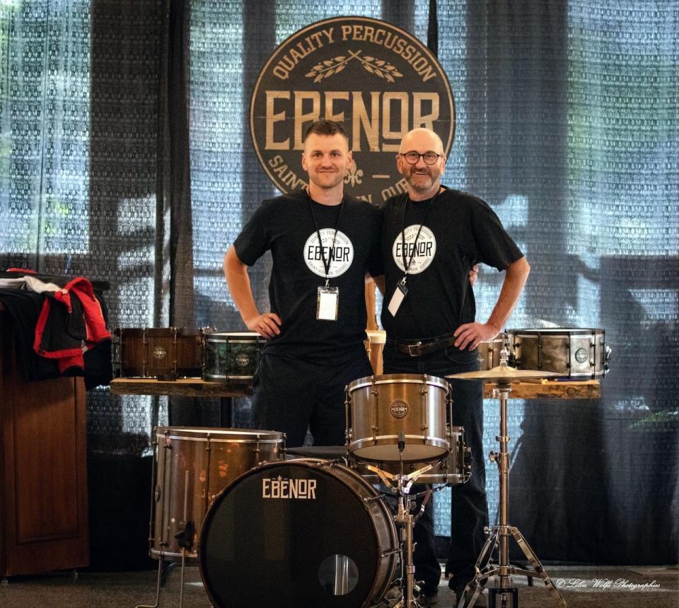 William Leclerc, left, and his father, Gilles Leclerc, have worked together at Ebenor Percussion for the past seven years. 