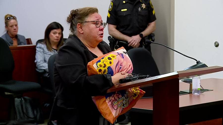 Leah Gomez's grandmother speaks at the sentencing of Luis Bernal-Sosa on April 17, 2024.