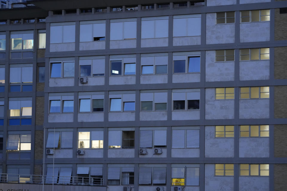 A view of the Agostino Gemelli hospital in Rome, Wednesday, March 29, 2023, after The Vatican said Pope Francis has been taken there in the afternoon for some scheduled tests. The Vatican provided no details, including how long the 86-year-old pope would remain at Gemelli University Hospital, where he underwent surgery in 2021. But his audiences through Friday were canceled, raising questions about Francis' participation during the Vatican's Holy Week activities starting Sunday.(AP Photo/Andrew Medichini)