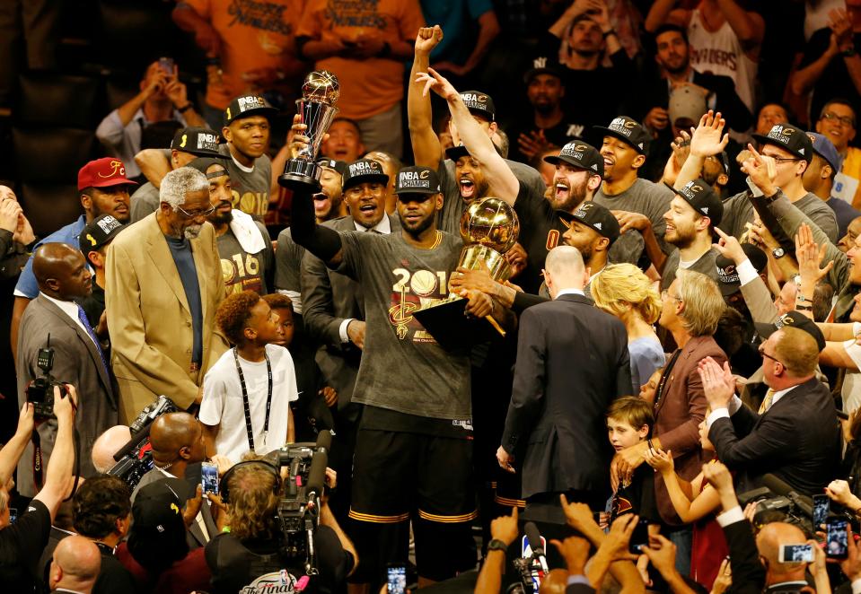 LeBron and the Cavs after their 2016 NBA Finals clincher.