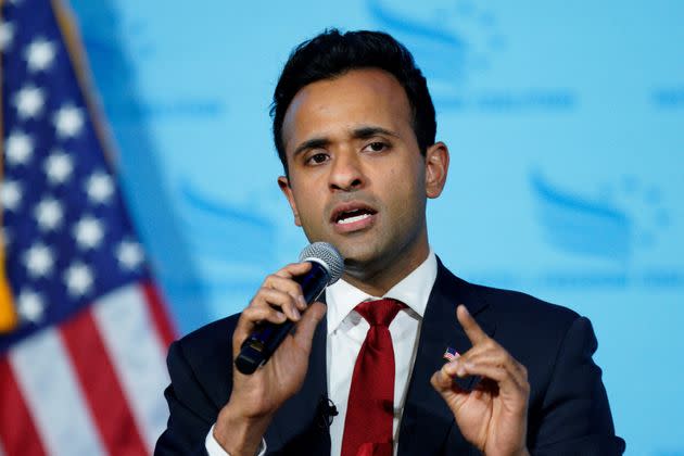 U.S. presidential candidate Vivek Ramaswamy speaks at the Iowa Faith & Freedom Coalition Spring Kick-off in West Des Moines, Iowa, U.S. April 22, 2023. REUTERS/Eduardo Munoz