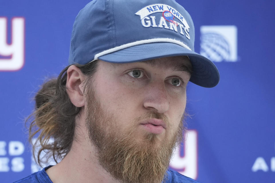 New York Giants punter Jamie Gillan (6) speaks during a news conference at Hanbury Manor in Ware, England, Friday, Oct. 7, 2022 ahead the NFL game against Green Bay Packers at the Tottenham Hotspur stadium on Sunday. (AP Photo/Kin Cheung)