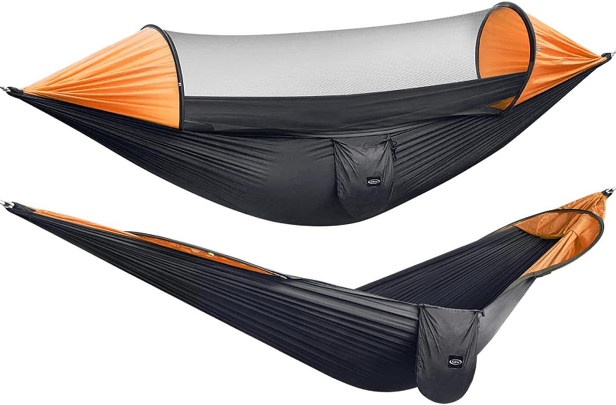 G4Free 2-Person Camping Hammock with Mosquito Net, Black/Orange