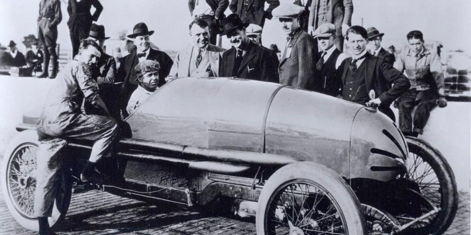 Tommy Milton (inside car), the 1921 winner of the Indianapolis 500.