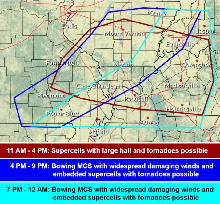 The National Weather Service's expectations for timing of severe thunderstorms in the Tri-State on Wednesday.