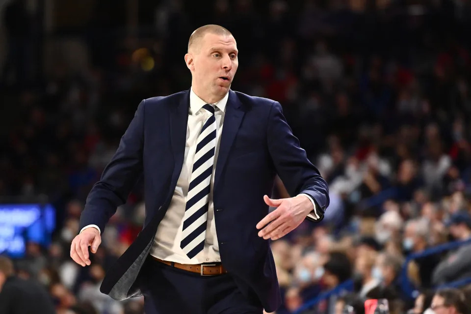 Jan 13, 2022; Spokane, Washington, USA; Brigham Young Cougars head coach Mark Pope reacts after a play against the Gonzaga Bulldogs in the first half at McCarthey Athletic Center. Mandatory Credit: James Snook-USA TODAY Sports