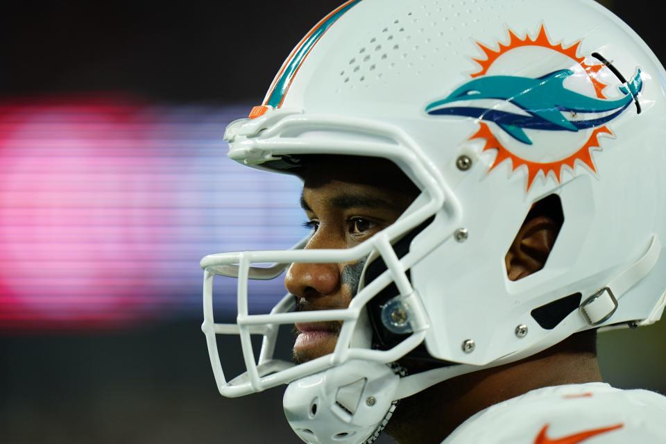 Sep 17, 2023; Foxborough, Massachusetts, USA; Miami Dolphins quarterback Tua Tagovailoa (1) on the sideline as they take on the New England Patriots in the second half at Gillette Stadium. Mandatory Credit: David Butler II-USA TODAY Sports