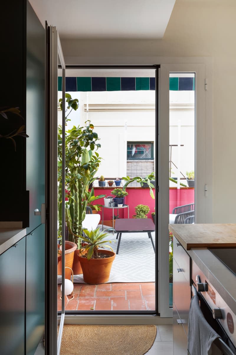 The view from a kitchen out to an outdoor space with plants and sitting area.