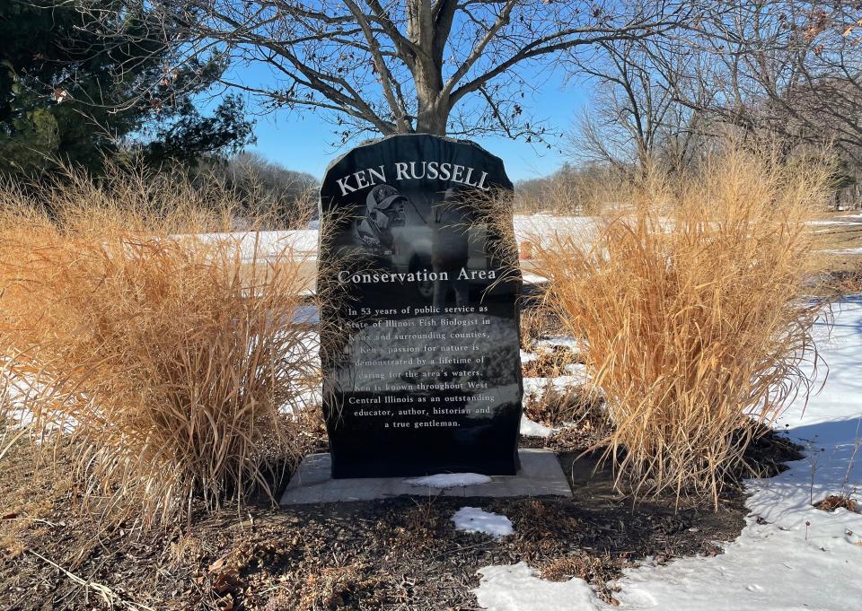 In 2017 the city of Galesburg erected a monument to Ken Russell at the entrance to the Lake Storey boat ramp area at the U.S. 150 bridge and officially named the site the Ken Russell Conservation Area.