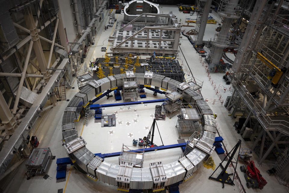 A coil component of the ITER machine is pictured at the Tokamak complex in Saint-Paul-Lez-Durance, France, Thursday, Sept. 9, 2021. Scientists at the International Thermonuclear Experimental Reactor in southern France took delivery of the first part of a massive magnet so strong its American manufacturer claims it can lift an aircraft carrier. (AP Photo/Daniel Cole)