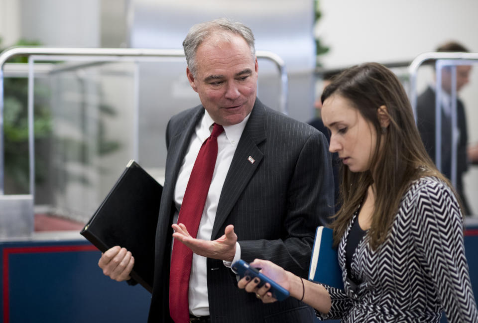 Sen. Tim Kaine (D-Va.) arrives in the Capitol for the Senate Democrats' policy lunch on&nbsp;Nov. 16, 2016, after returning from the campaign trail.