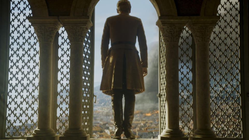 Tommen stepping out of his window as the city burns