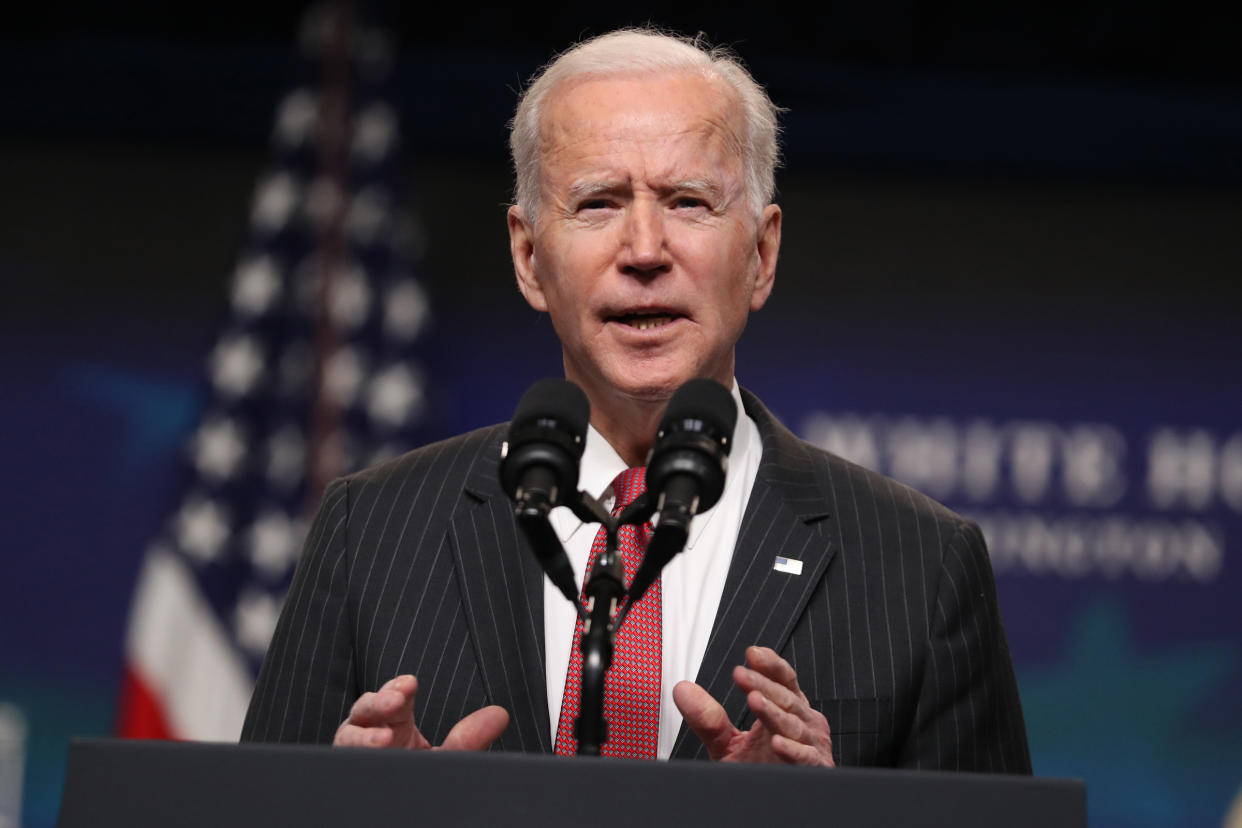 President Joe Biden delivers remarks on the administration's response to the military coup in Myanmar, at the South Court Auditorium at the Eisenhower Executive Office Building in Washington, Wednesday, Feb. 10, 2021. (Oliver Contreras/The New York Times)