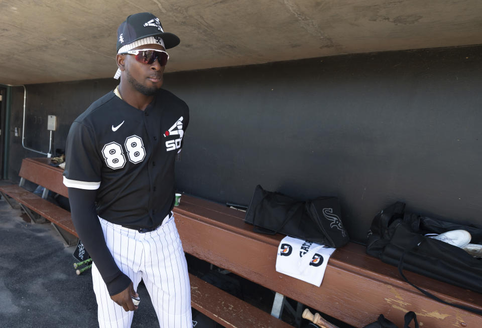 GLENDALE, ARIZONA - MARCH 09:  Luis Robert #88 of the Chicago White Sox looks on prior to the game against the Cincinnati Reds on March 9, 2020 at Camelback Ranch in Glendale Arizona. (Photo by Ron Vesely/Getty Images)