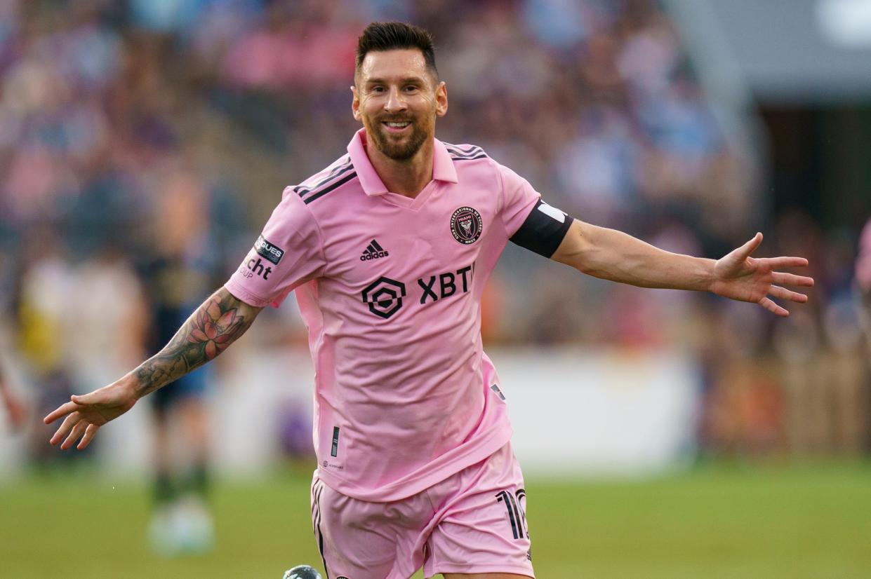 Inter Miami's Lionel Messi reacts to his goal during the Leagues Cup semifinals soccer match against the Philadelphia Union, Tuesday, Aug. 15, 2023, in Chester, Pa. Inter Miami won 4-1.