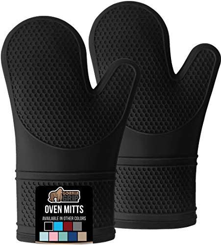 2) Gorilla Grip Heat Resistant Silicone Oven Mitts Set, Soft Quilted Lining, Extra Long, Waterproof Flexible Gloves for Cooking and BBQ, Kitchen Mitt Potholders, Easy Clean, Set of 2, Black