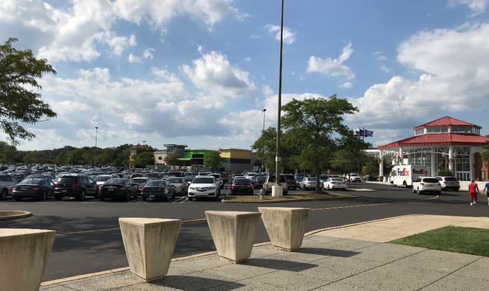 A busy mall parking lot.