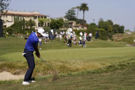 Viktor Hovland chips to the green on the seventh hole during the second round of the U.S. Open golf tournament at Los Angeles Country Club on Friday, June 16, 2023, in Los Angeles. (AP Photo/George Walker IV)