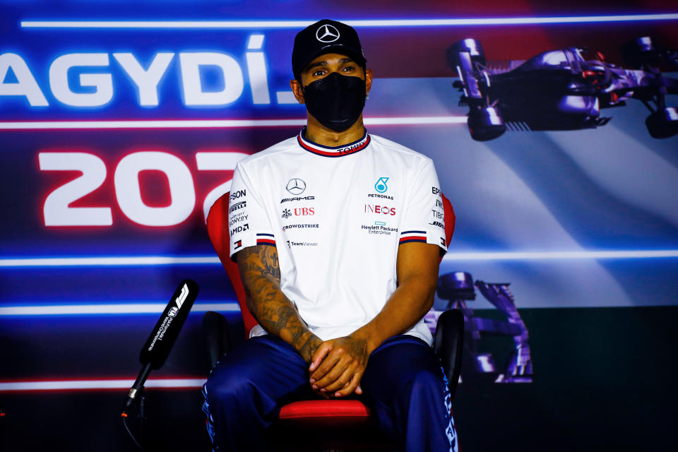 BUDAPEST, HUNGARY - AUGUST 01: Third placed Lewis Hamilton of Great Britain and Mercedes GP talks in the press conference after 
 the F1 Grand Prix of Hungary at Hungaroring on August 01, 2021 in Budapest, Hungary. (Photo by Xavi Bonilla - Pool/Getty Images)