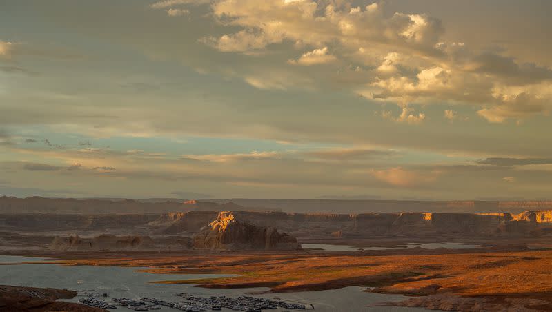 The Wahweap Marina and parts of Lake Powell in Arizona, foreground, and Utah, background, are pictured on Monday, July 18, 2022.