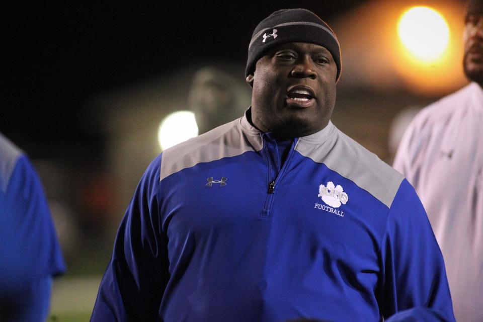 Godby head coach Corey Fuller talks after a 32-27 loss to Bolles in a Region 1-5A semifinal at Gene Cox Stadium on Thursday, Nov. 15, 2018.