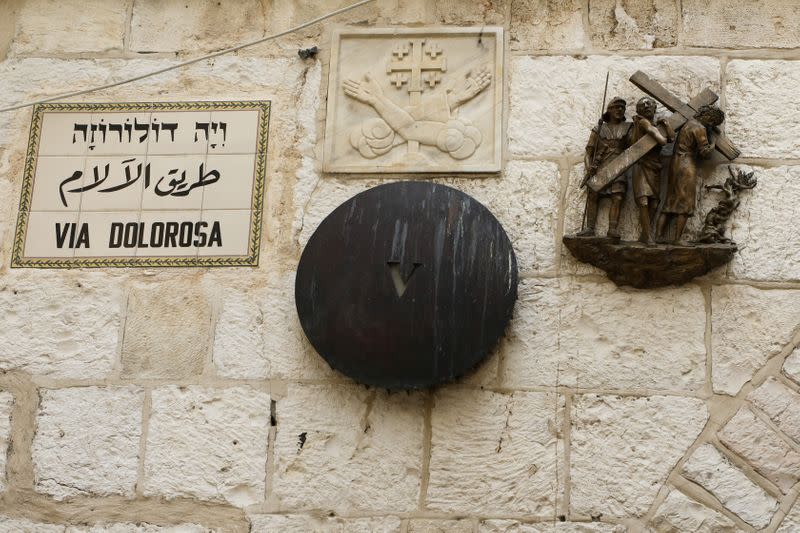 A bronze sculpture by Italian artist Alessandro Mutto is seen at one of the Stations of the Cross along the Via Dolorosa, amid the coronavirus disease (COVID-19) outbreak in Jerusalem's Old City