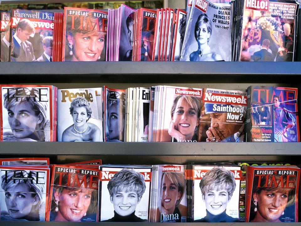 A magazine rack displaying Princess Diana covers in the wake of her death (Altitude Films)