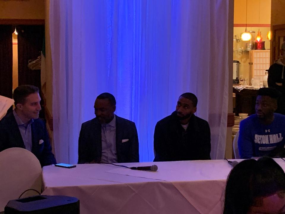 Left to right: Jon Rothstein, Terry Dehere, Quincy Douby and Mike Nzei at the RU-SHU Banquet