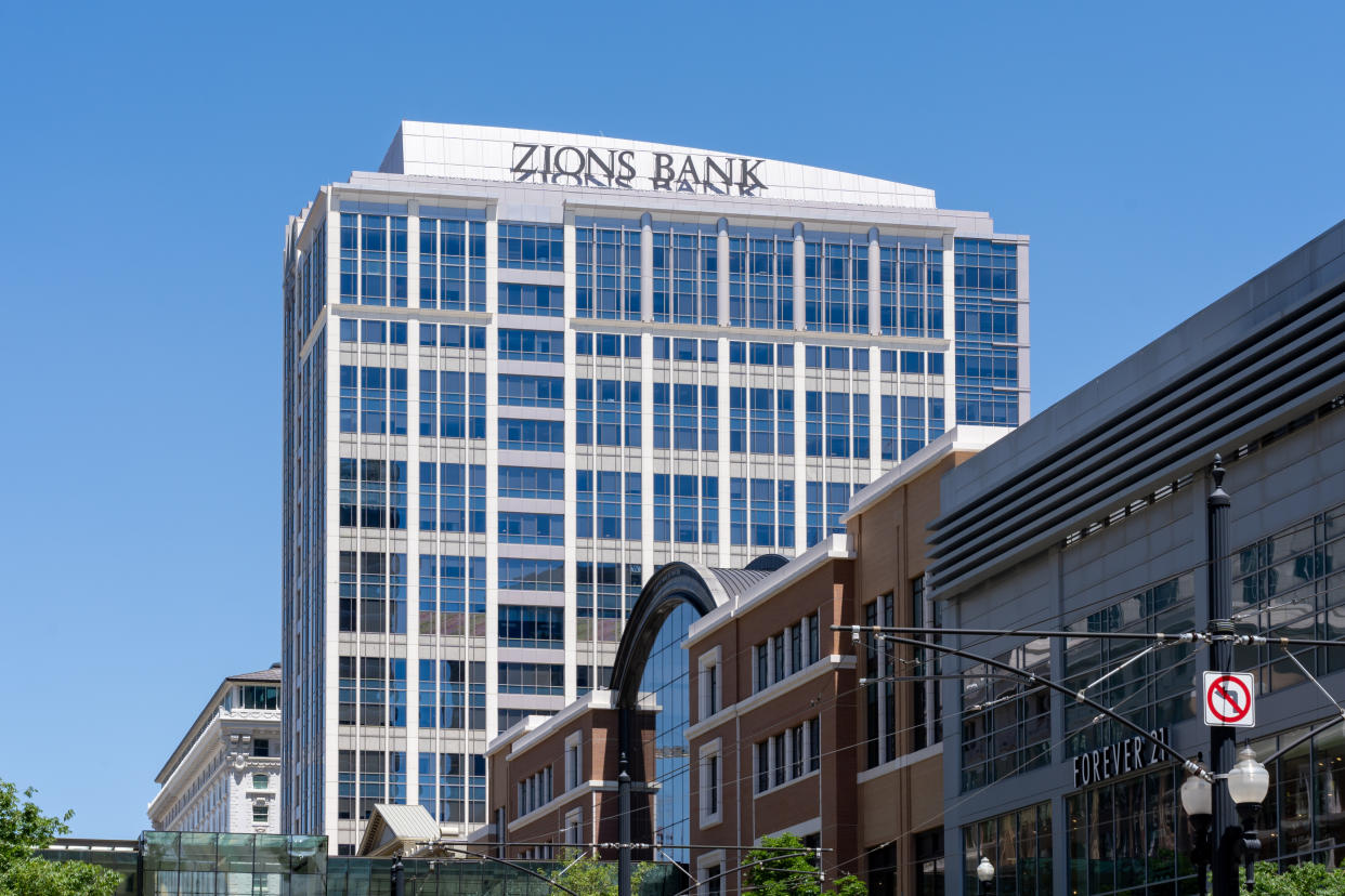Zions Bank headquarters in Salt Lake City, UT, USA - June 21, 2023. Zions Bancorporation is a bank holding company.