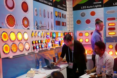 LED lights are on display inside a booth at the Canton Fair in Guangzhou, China October 16, 2017. REUTERS/Venus Wu/Files