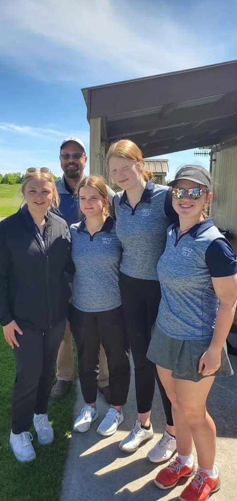 The Sault High girls team, pictured from left to right: Ava Stark, coach Mark Pingatore, Grace Swanson, Alexis Landis and Elizabeth Ohman.